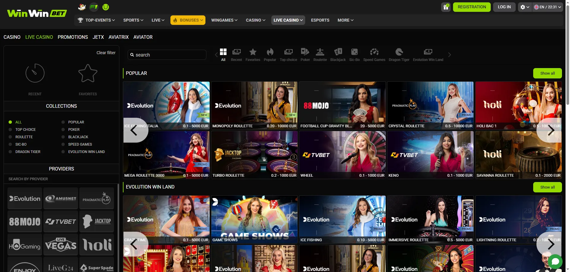 Casino en direct WinWin Bet — croupiers HD Evolution et Pragmatic Play